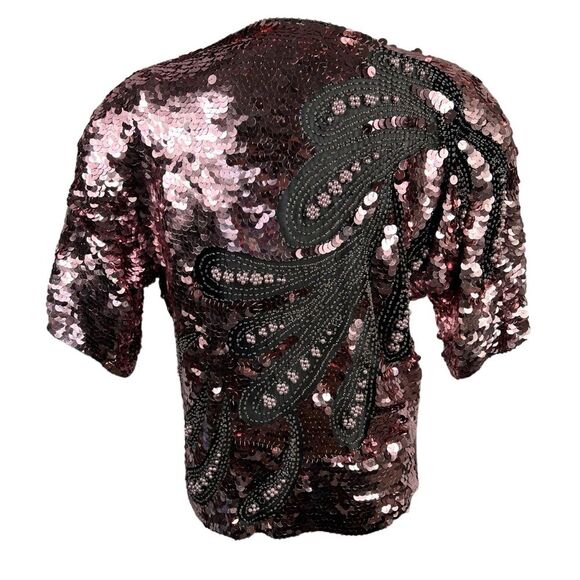 Vintage Oleg Cassini Rose Gold Pink Sequins Silk Formal Blouse Small Pearl Beads - Picture 3 of 7